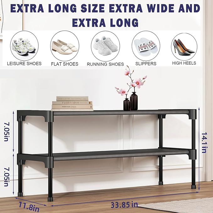 SAN HE Long Shoe Rack-Shoe Organizer 2 Tier Shoe Rack for Closet Front Door Entryway Garage, Stackable Free Standing and Freely Combinable Shoe Storage, Space Saving Small Shoe Shelves.