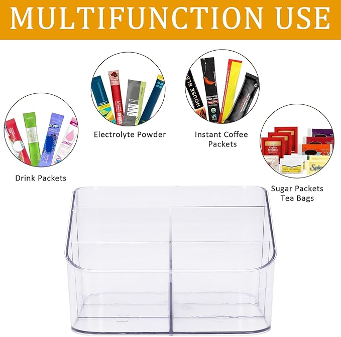 Drink Packet Organizer, Powdered Drink Mix,Powder Packet,Acrylic Water Flavor Packet Organization Container with Removable Dividers for Storage Bins for Kitchen Cabinet, Pantry,Office