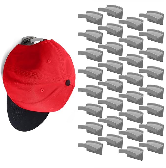 Modern JP Adhesive Hat Hooks for Wall (32-Pack) - Minimalist Hat Rack Design, No Drilling, Strong Hold Hat Hangers - USA Patented, Gray