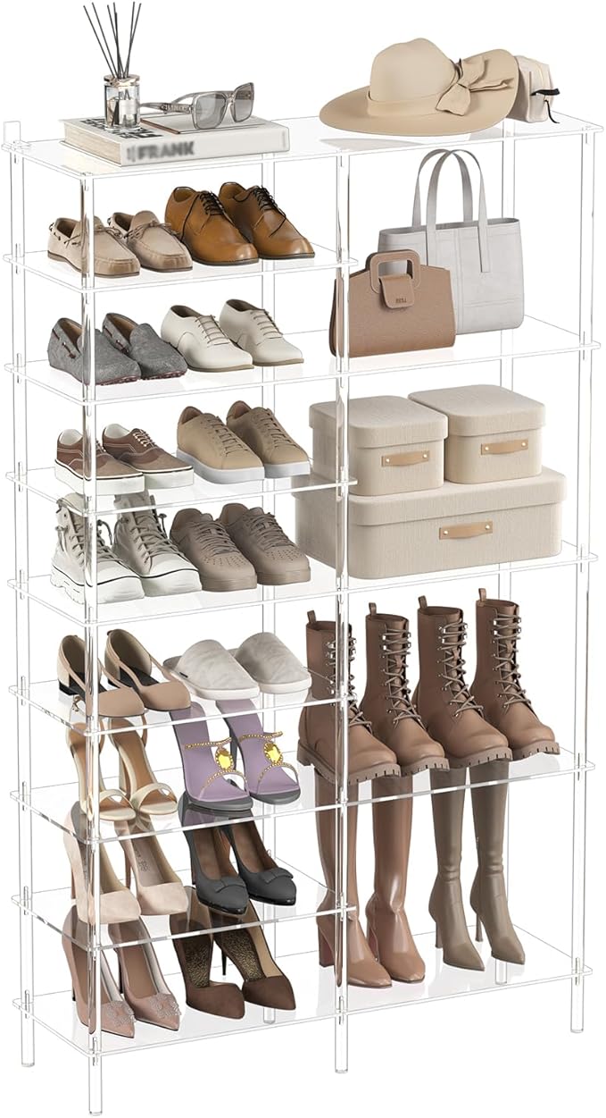 Aquiver 9 Tiers Acrylic Shoe Rack - Large Capacity Two Rows Shoe Organizer - Tall Boot Storage Shelf for Entryway, Closet, Garage, Bedroom, 28-32 Pairs, 36.2'' L x 11.8'' W x 59.6'' H