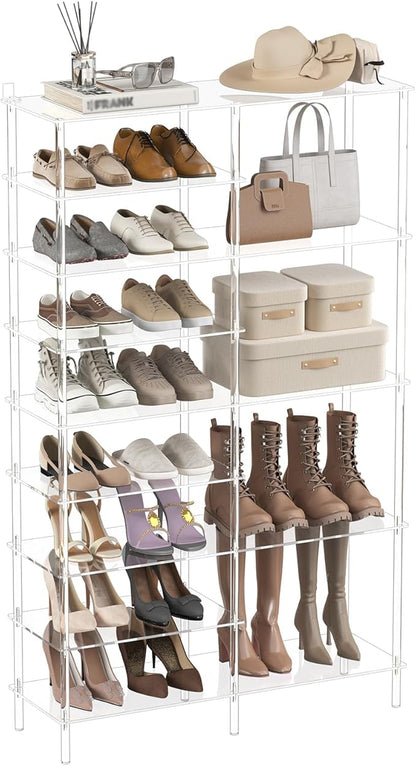 Aquiver 9 Tiers Acrylic Shoe Rack - Large Capacity Two Rows Shoe Organizer - Tall Boot Storage Shelf for Entryway, Closet, Garage, Bedroom, 28-32 Pairs, 36.2'' L x 11.8'' W x 59.6'' H