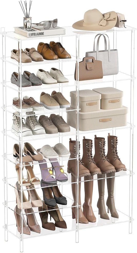 Aquiver 9 Tiers Acrylic Shoe Rack - Large Capacity Two Rows Shoe Organizer - Tall Boot Storage Shelf for Entryway, Closet, Garage, Bedroom, 28-32 Pairs, 36.2'' L x 11.8'' W x 59.6'' H