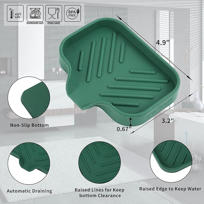 MicoYang Silicone Bathroom Soap Dishes with Drain Spout-Bathroom and Kitchen Sink Organizer,Sponge Holder,Dish Soap Tray,Perfect for Dispenser,Scrubber,Bottle,Cup on Sink or Counter-Green 4.9"×3.2"