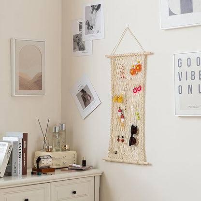 Pretty Jolly Hanging Jewelry Mesh Organizer Macrame Wall Mounted Necklaces Storage Earring Display Rack Girls Hair Clips Hanger with 20 Pieces S Shape Hooks for Bracelets,Necklace and Rings(Yellow)