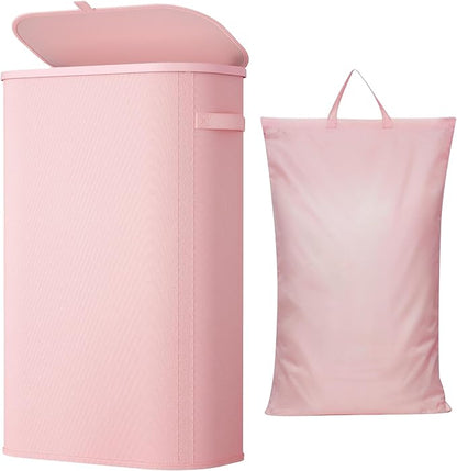 Lifewit Slim Laundry Basket with Lid, Narrow Large Laundry Hamper with Plastic Handles and Removable Bag, Tall Foldable Dirty Clothes Hampers for Laundry Room, Bedroom, Bathroom, Dorm, 65L Pink