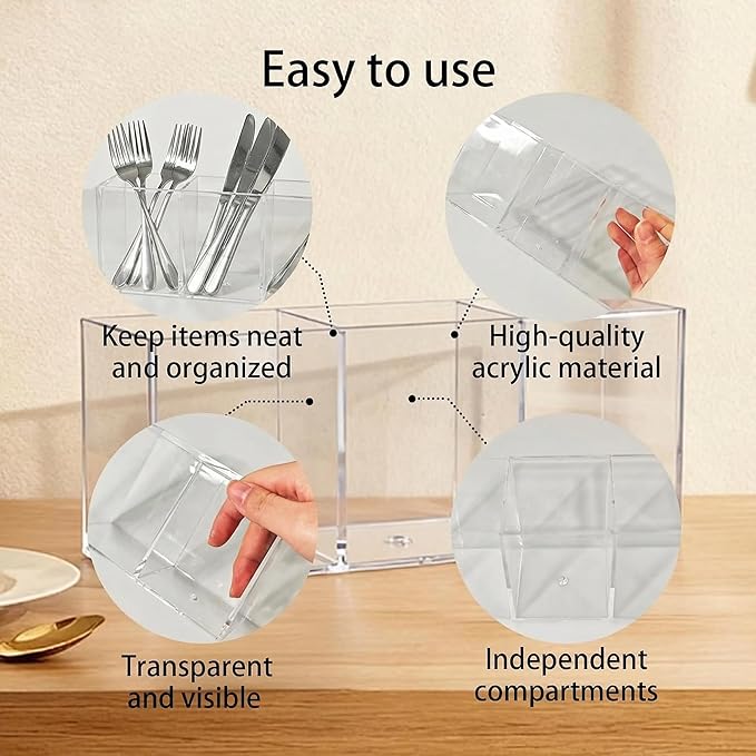 Daxolanz 3 Section Acrylic Cutlery Organizer for Countertop, Modern Flatware Storage Caddy for Spoons Forks Knives, Space Saving Utensil Holder for Kitchen, Cabinet or Dining Room (Medium)