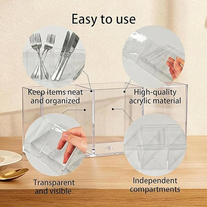 Daxolanz 3 Section Acrylic Cutlery Organizer for Countertop, Modern Flatware Storage Caddy for Spoons Forks Knives, Space Saving Utensil Holder for Kitchen, Cabinet or Dining Room (Medium)