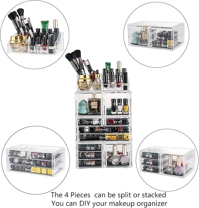 Sooyee Makeup Organizer,Make Up Organizer Stands,Acrylic Makeup Storage 10 Makeup Drawer Organizer for Bathroom, Dresser, Vanity Accessories or Countertop,Clear,4 Pieces Stackable