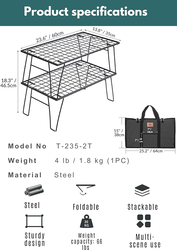 CAMPINGMOON Camping Mesh Rack 2 Pack Folding Camp Storage Shelf Lightweight Portable Black Steel Outdoor Kitchen Gear Organizer Carry Bag Included T-235-2T