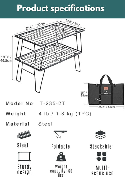 CAMPINGMOON Camping Mesh Rack 2 Pack Folding Camp Storage Shelf Lightweight Portable Black Steel Outdoor Kitchen Gear Organizer Carry Bag Included T-235-2T