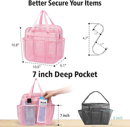 F-color Mesh Shower Caddy Portable with Zipper - Upgrade Deeper 7 Pockets Dorm Room Essentials for Guys Girls with S Hook, Shower Bag Basket Tote for College Camping Toiletry Bathroom, Pink