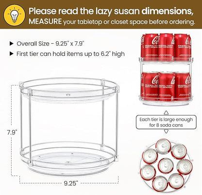 2 SET 2 Tier Non-Skid Acrylic Lazy Susan Organizer - Rotating Spice Rack - Turntable Spinning Organization for Kitchen, Pantry, Countertop, Closet, Bathroom, Vanity, Medicine Cabinet Organizing,9.25''