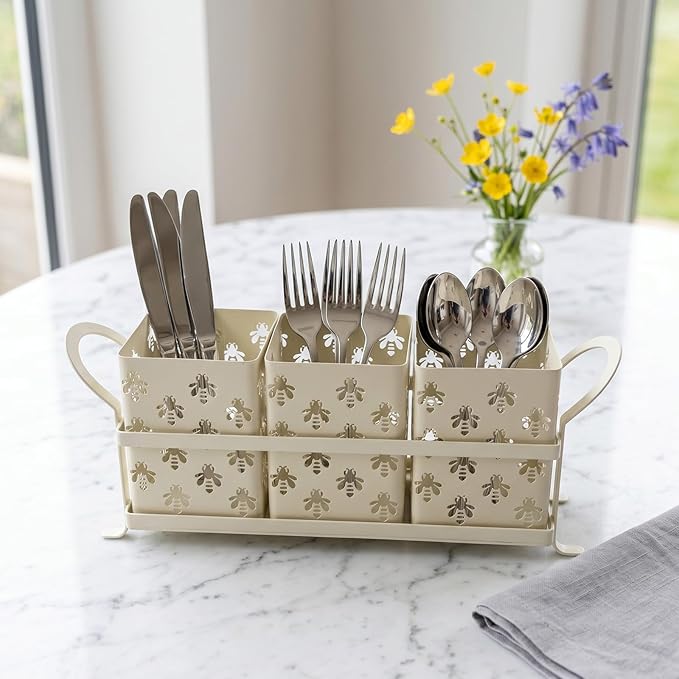 Silverware Caddy with Bee Design, 3 Compartment Metal Utensil Holder with Handles,Silverware Holder for Party Countertop, Kitchen, Outdoor, Cutlery Holder Organizer for Spoon Fork,Cream White