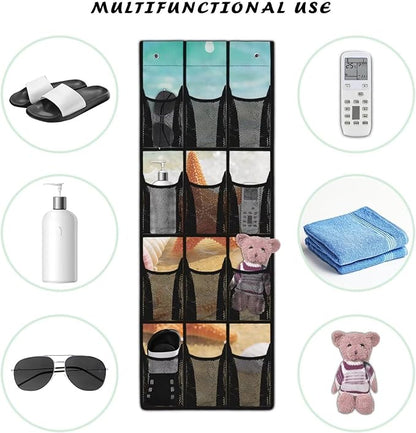 Beach Starfish Over The Door Shoe Organizer, 12 Mesh Pockets Waterproof Hanging Rack for Bathroom Toiletries & Beach Gear, Space Saving for Vacation Homes