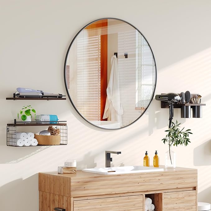 RoleDes Hair Tool Organizer Wall Mounted Set of 3 - Bathroom Floating Shelves with Blow Dryer Holder and Curling Iron Storage, Hair Dryer Hanger for Bathroom Wall, Modern Farmhouse Above Toilet Shelf