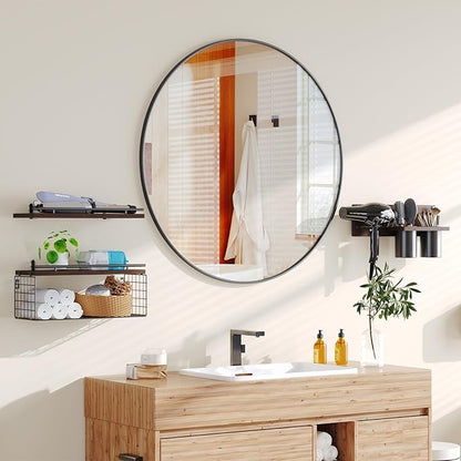 RoleDes Hair Tool Organizer Wall Mounted Set of 3 - Bathroom Floating Shelves with Blow Dryer Holder and Curling Iron Storage, Hair Dryer Hanger for Bathroom Wall, Modern Farmhouse Above Toilet Shelf
