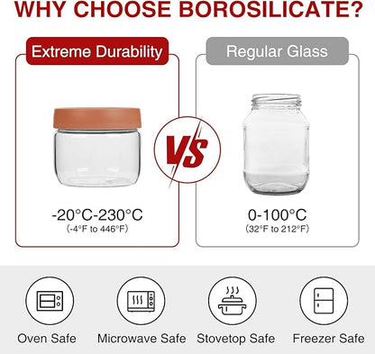 Premium 10oz Borosilicate Glass Jars with Airtight Lids (6 Pack) – Freezer to Oven Safe (-4°F to 446°F) – For Overnight Oats, Chia Pudding, Yogurt Parfaits, Dressings, Sauces & More
