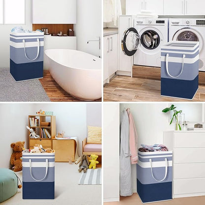 HomeHacks 2-Pack Large Laundry Basket, Waterproof, Freestanding Laundry Hamper, Collapsible Tall Clothes Hamper with Extended Handles for Clothes Toys in the Dorm and Family (Blue, 88L)