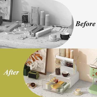 FOLLOWIN Bathroom Counter Organizer with Drawer, Dresser Top Organizer with Make Up Brush Holder, Makeup Shelf, Vanity Organizers, Cosmetic Perfume Organizer, Clear
