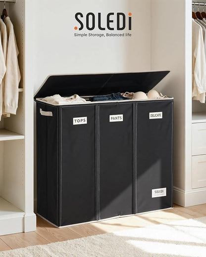 SOLEDI 200L 3-Section Laundry Hamper with Lid, Extra Large Dirty Clothes Basket with Sturdy Handles for Laundry Room & Bedroom - Durable Organizer for Sorting Laundry