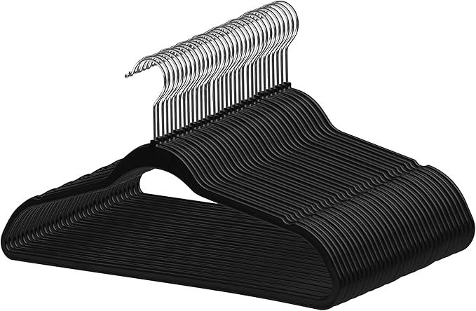 Quality Hangers 50 Pack Slim Plastic Hangers for Clothes - 16.5" Won't Crease Your Clothes, Heavy Duty Non-Velvet Black Hangers 360° Swivel Chrome Hook Non Slip Notches Dresses Coats Shirts Jackets