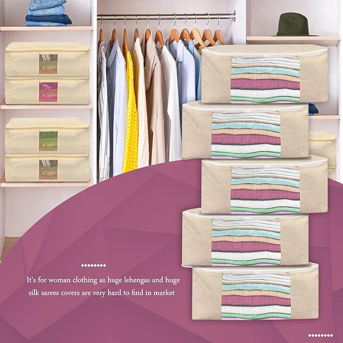 Canvas Storage Bag - Saree Covers with Zip | Canvas Saree/Garment Storage Bag for Dresses, Sarees, Lehengas, Clothes (CANVAS STORAGE BAG L-PACK OF 5, 15 × 13 × 9 Inches PACK OF 5)
