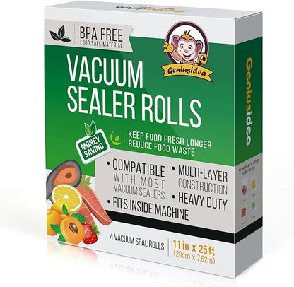 Food Saver Vacuum Sealer Bags, 4 Pack 11" x 25'ft Rolls, Commercial Grade, Meal Prep, Microwave & Freezer Safe, Sous Vide