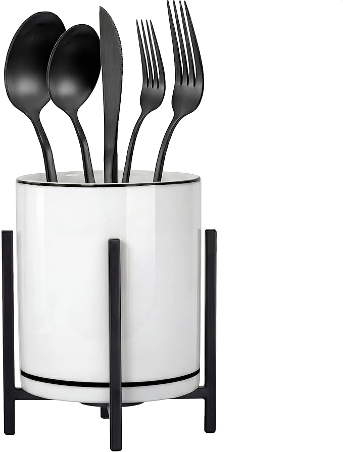 Ceramic Flatware Caddy, Silverware Caddy Cutlery Holder, Round Utensil Crock, Kitchen Utensil Holder for Countertop, Ceramic Cup wtih Black Trim and Black Metal Bracket, 1 Pcs