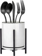 Ceramic Flatware Caddy, Silverware Caddy Cutlery Holder, Round Utensil Crock, Kitchen Utensil Holder for Countertop, Ceramic Cup wtih Black Trim and Black Metal Bracket, 1 Pcs