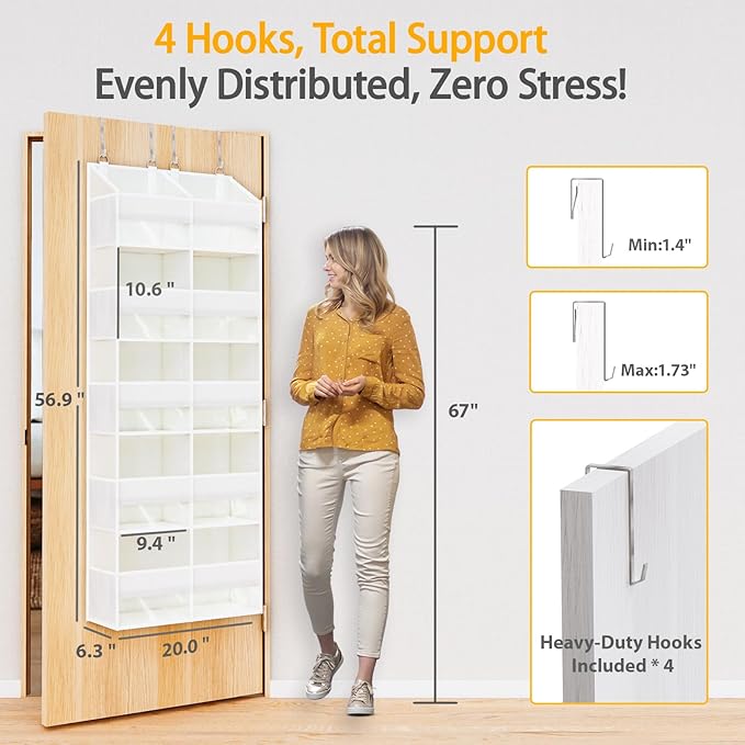Over The Door Organizer with 5 Shelves, 9 Compartment + 10 Side Pocket, Sturdy Oxford Cloth, Supports 90 lbs, Heavy-Duty Behind the Door Hanging Closet Organizer and Storage for Room Essentials, White