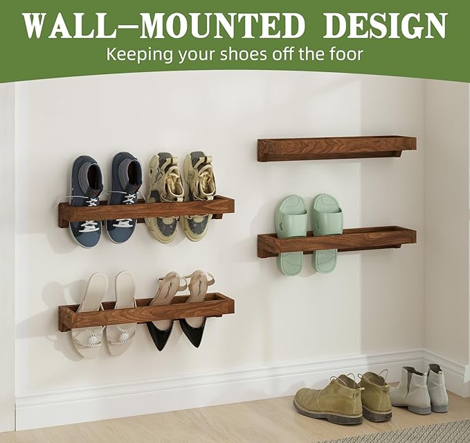 Nisorpa Set of 4 Rustic Burnt Wood Hanging Shoes Storage Organizer Racks, 20 Inches Wall Mounted Space Saving Footwear Holder for Closet, Mudroom, Entryway Narrow Spaces Shoes Storage