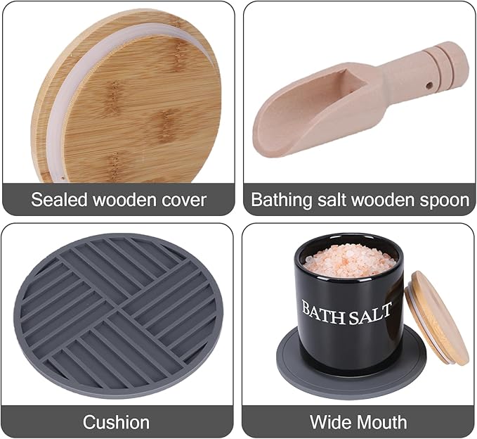 29oz Airtight Ceramic Bath Salt Jar Set - with Wooden Lid, Scoop & Anti-Slip Mat, Opaque Bathroom Storage Organization for Epsom Salt, Spa & Bath Bombs, Black-S