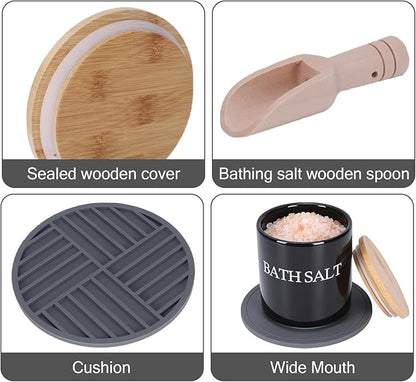 29oz Airtight Ceramic Bath Salt Jar Set - with Wooden Lid, Scoop & Anti-Slip Mat, Opaque Bathroom Storage Organization for Epsom Salt, Spa & Bath Bombs, Black-S