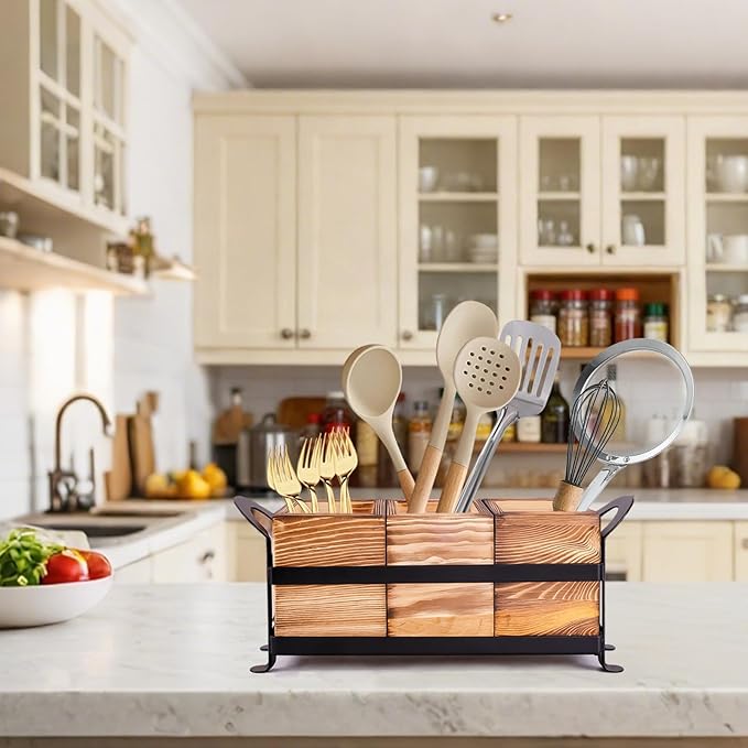 Wood Utensil Holder Silverware Caddy with Metal Rack Detachable Utensil Caddy for Party Flatware Organizer for Kitchen Forks Spoons Knives Storage