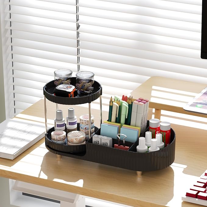 Makeup Organizer Countertop for Vanity with 360 Rotating Perfume Trays, 7-Compartment Skincare Organizers and Make Up Desk Storage, Cosmetic Organizer with Brush Holder for Bedroom Bathroom Counter