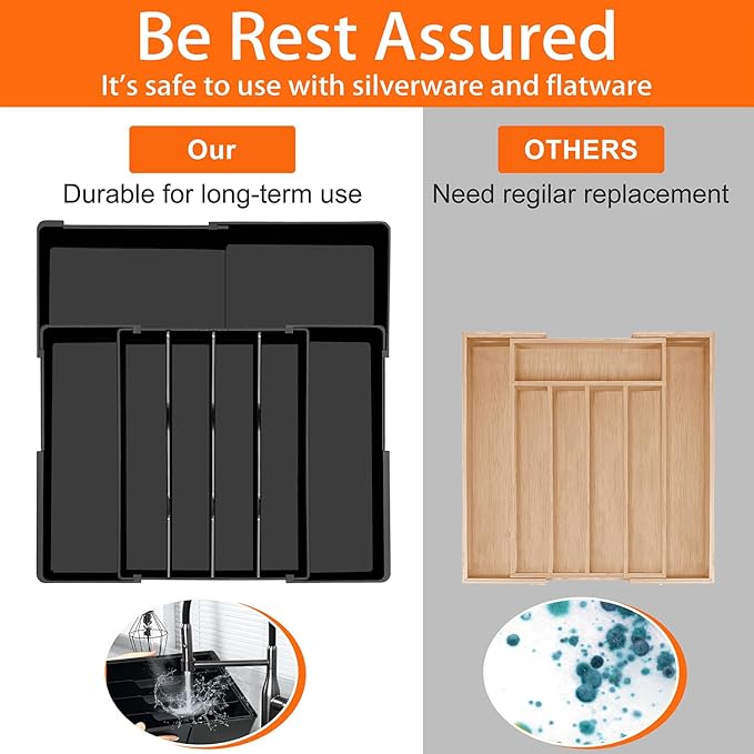 Spaclear Large Kitchen Silverware Organizer - Expandable 17.2" x 17.9" Adjustable Drawer Tray, 4-7 Compartments for Maximum Storage, BPA-Free, Black,L