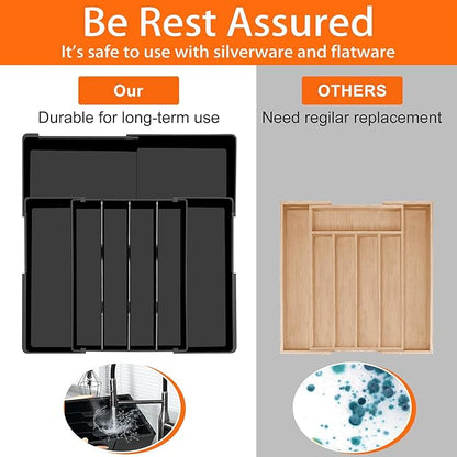Spaclear Large Kitchen Silverware Organizer - Expandable 17.2" x 17.9" Adjustable Drawer Tray, 4-7 Compartments for Maximum Storage, BPA-Free, Black,L