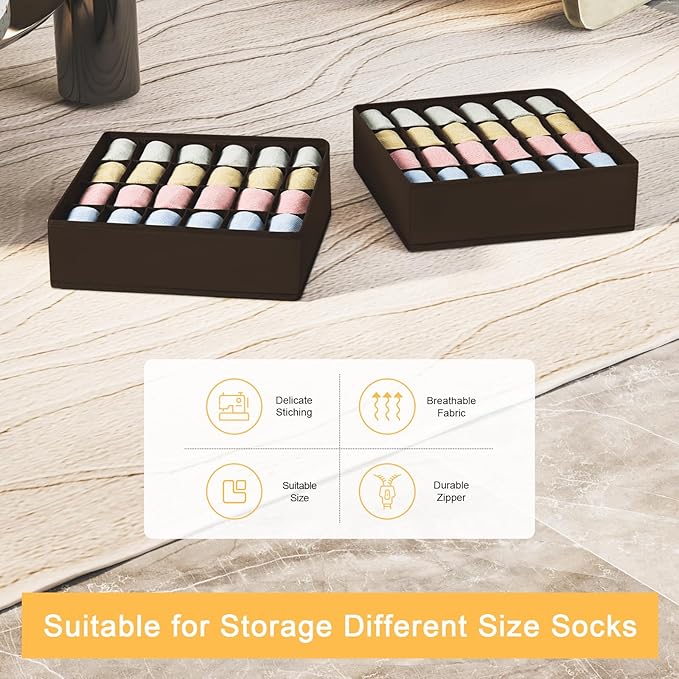 Joyoldelf Sock Organizer Drawer Organizer - 2 Packs Underwear Organizer, 24 Cells Collapsible Closet Organizers and Storage Sock Holders Organizers for Storing Socks, Ties, Belts (Brown), LF001Brown