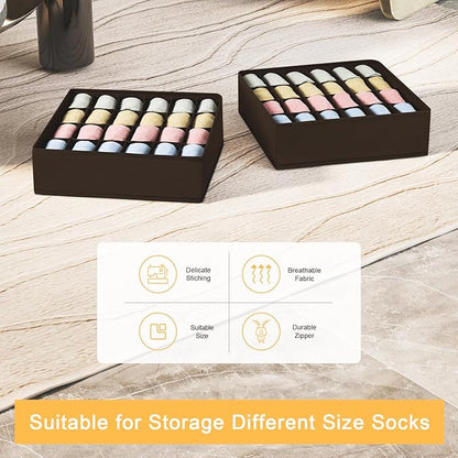 Joyoldelf Sock Organizer Drawer Organizer - 2 Packs Underwear Organizer, 24 Cells Collapsible Closet Organizers and Storage Sock Holders Organizers for Storing Socks, Ties, Belts (Brown), LF001Brown