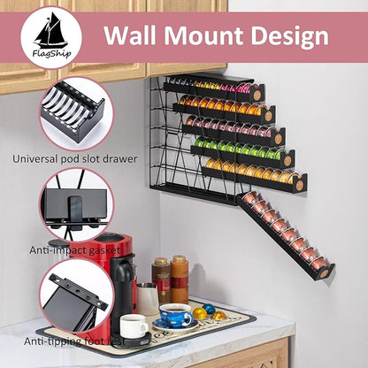 FlagShip 6-Tier Vertuo Pod Holder for Nespresso - 60+ Capsule Max Capacity Metal Rack, Ultra-Efficient Corner Storage Space Saving Design