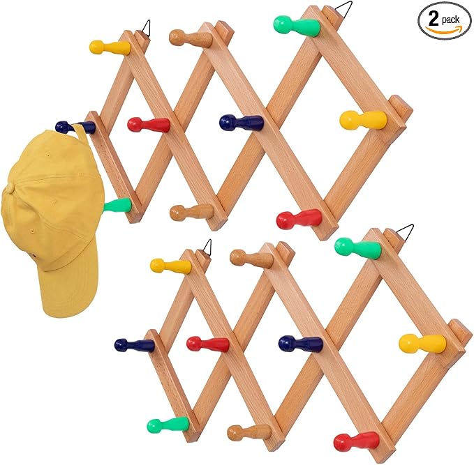 SCUNDA Expandable Hat Rack for Wall, Colorful Wall Hook for Coat/Mug/Baseball Cap, 2 Packs Hat Holder for Girls or Boys Room, Kids Room