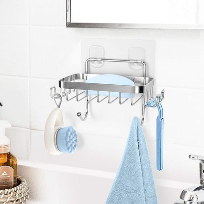 ODesign Soap Dish Holder SUS304 Stainless Steel with 6 Hooks Loofah Bath Sponge Towel Razor Holder for Bathroom Shower Kitchen Adhesive Wall Mounted No Drilling-Silver-1 Pack