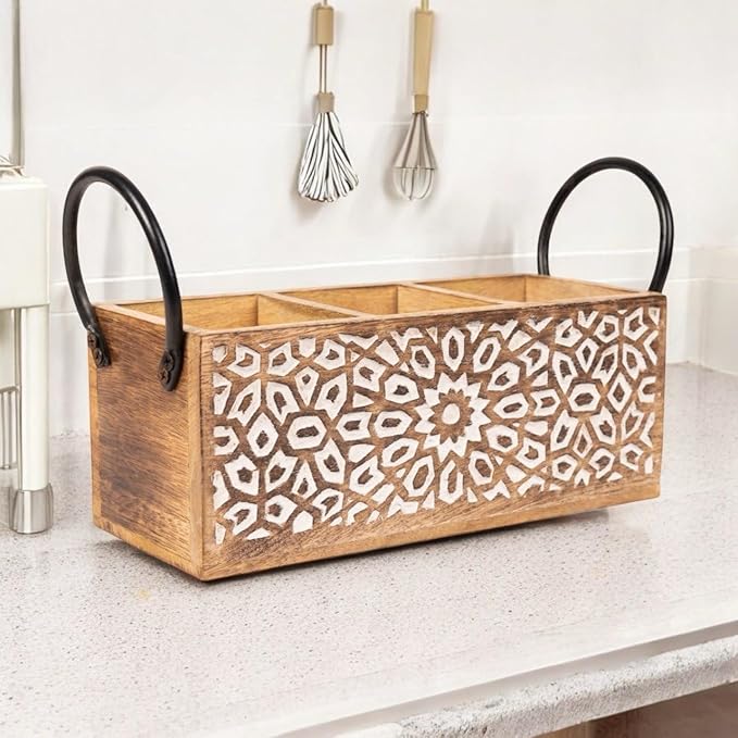 Wooden Utensil Caddy for Kitchen Countertop 3-Slot , Multi-Purpose Wooden Desk Organizer Work Desk, Bathroom, Cutlery Caddy, Office Supplies Organizer – 11 X 4.5 Inches