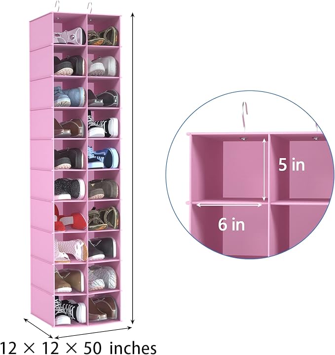 Hanging Shoe Organizer for Closet, 20 Sections Hanging Closet Organizers and Storage Shelves, Space Saving Shoe Storage Rack Holder, Pink, 12''W×12''Dx 50''H
