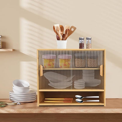 OUKANING 3 Tiers Small Bamboo Kitchen Pantry Sideboard with 2 Sliding Striped Glass Doors, Freestanding Kitchen Pantry Cabinet for Bottle, Dish, Bowl Console Dining Cupboard, Log-Colored