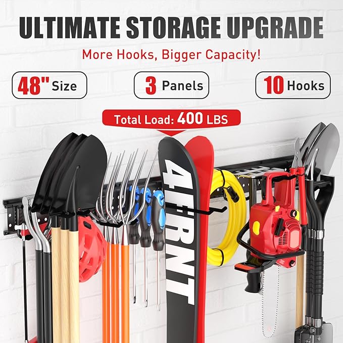 Garage Tool Organizer Wall Mount 49.5 inches with 10 Adjustable Heavy-Duty Hooks, Garage Organization, Garden Tool Storage Rack, Yard, and Shed, Holds Up to 400 lbs
