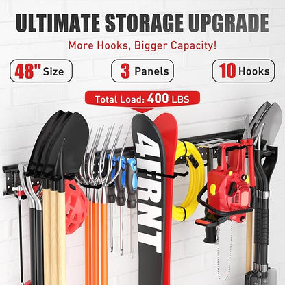 Garage Tool Organizer Wall Mount 49.5 inches with 10 Adjustable Heavy-Duty Hooks, Garage Organization, Garden Tool Storage Rack, Yard, and Shed, Holds Up to 400 lbs
