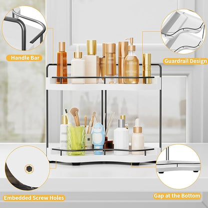 2-Tier Corner Bathroom Counter Organizer with Embedded Screw Holes, Secure & Stable Wood Vanity Shelf for Makeup and Skincare Essentials - Space Saving Bathroom Countertop Storage, White