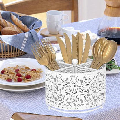 DysanVica 360° Rotating Metal Silverware Caddy - 4 Compartment Utensil Cutlery Holder Fork Spoon Napkin Organizer Flatware Storage Basket Party Countertop Buffet Picnic Camping Outdoor (White)