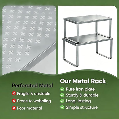 Simple Trending Cabinet Organizer Shelf, Set of 2 Kitchen Counter Shelves, Kitchen Storage, Stackable, Expandable, Metal Spice Rack for Cupboard, Bathroom, Desk, Pantry, Silver